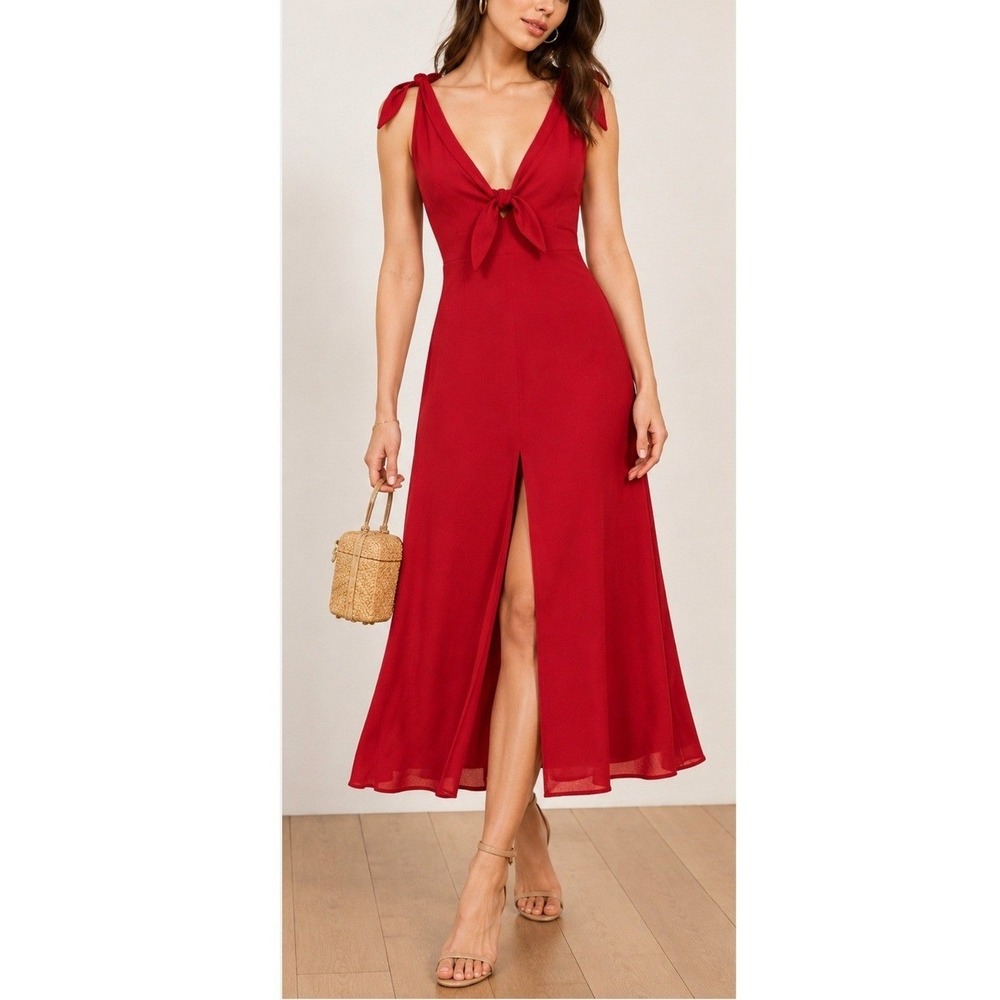 Reformation Harper Dress Lipstick Red Tie Front Midi Dress Size 6 NWT